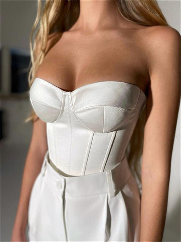 Satin Tube Top Solid Color Slim Outer Wear