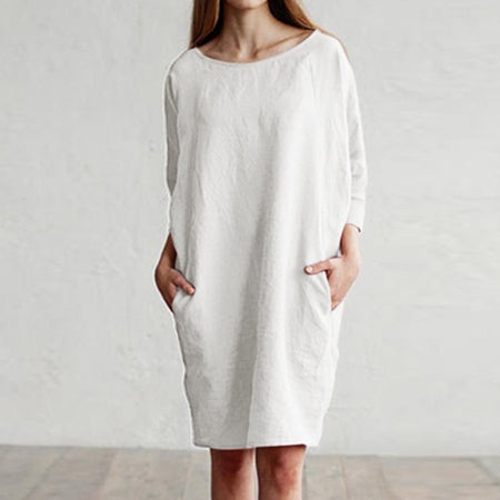 Cotton and linen stitching round neck pocket dress - ANIBEY