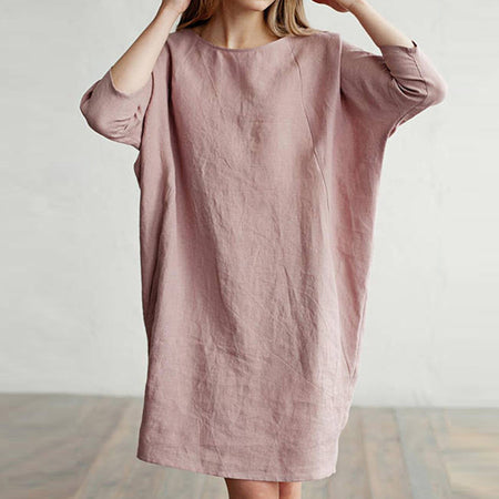 Cotton and linen stitching round neck pocket dress - ANIBEY