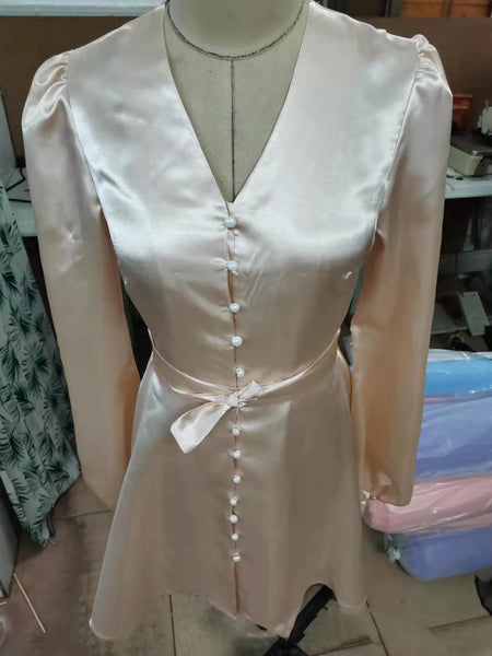 Commuter Solid Color High Waist Lantern Sleeve Long Dress - ANIBEY