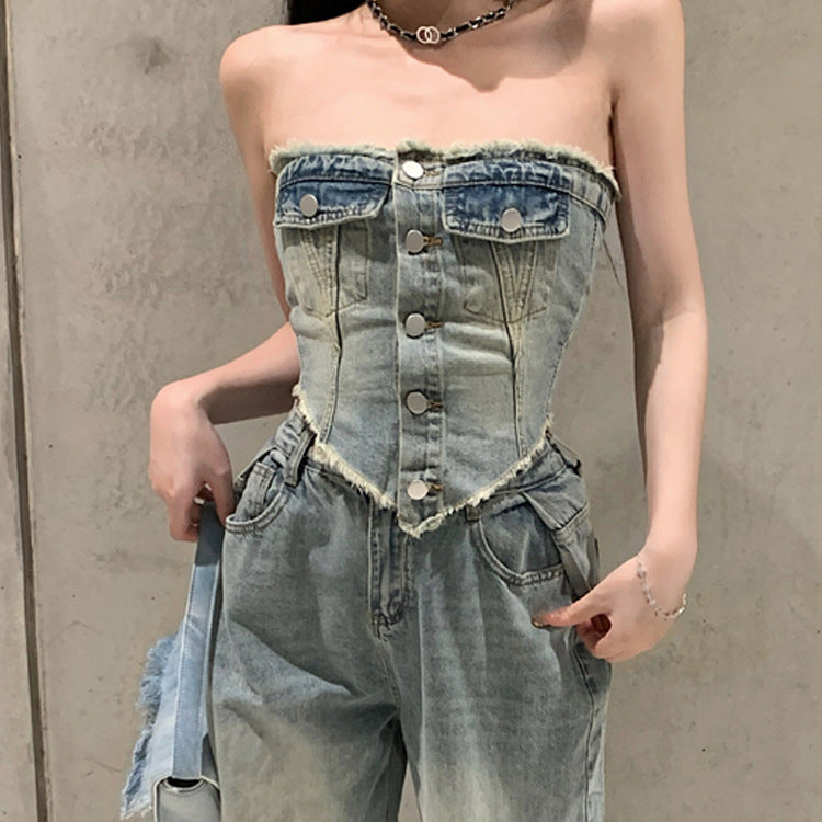Girl Slim Tube Top Ripped Jeans