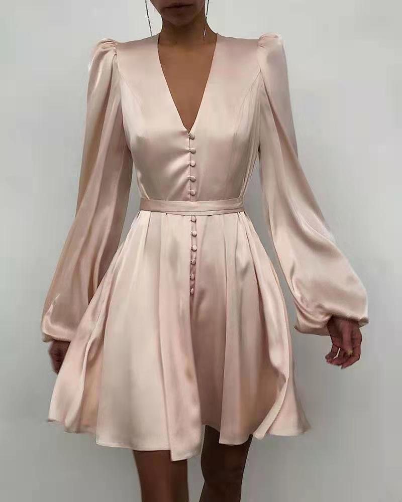 Commuter Solid Color High Waist Lantern Sleeve Long Dress - ANIBEY