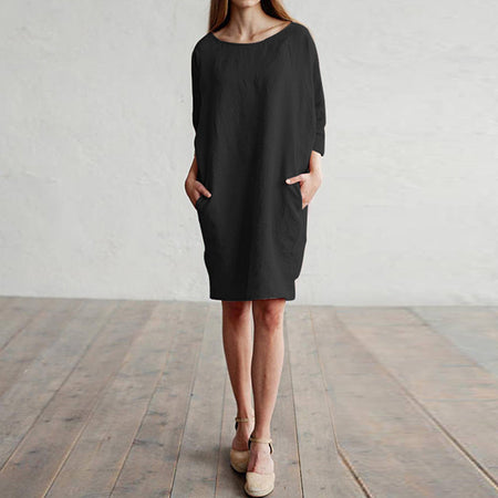 Cotton and linen stitching round neck pocket dress - ANIBEY