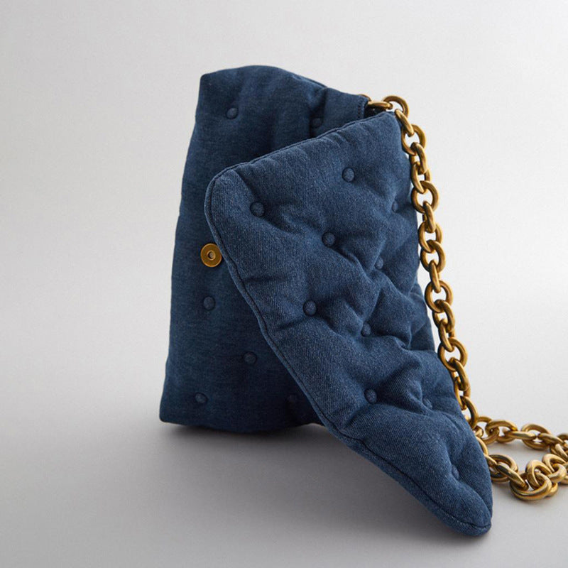 Blue oversized denim quilted shoulder messenger bag chain bag - ANIBEY