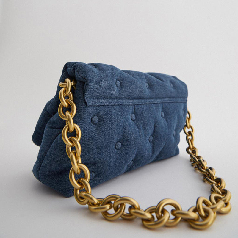 Blue oversized denim quilted shoulder messenger bag chain bag - ANIBEY