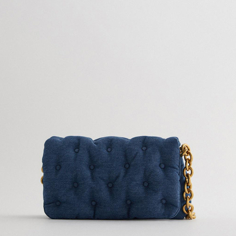 Blue oversized denim quilted shoulder messenger bag chain bag - ANIBEY