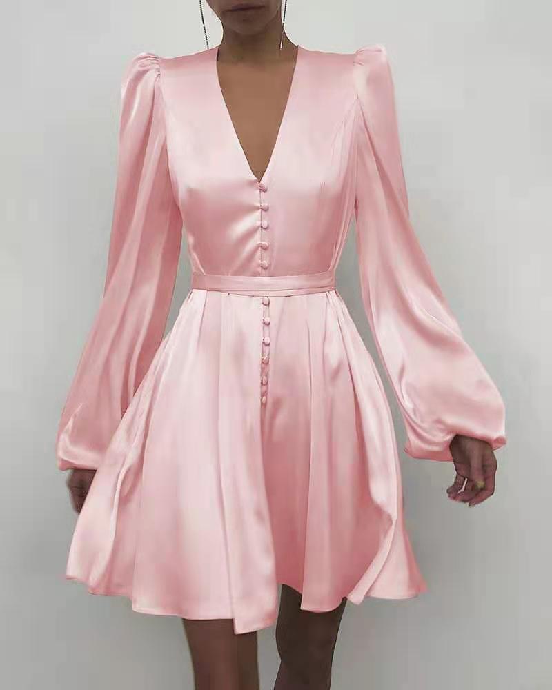 Commuter Solid Color High Waist Lantern Sleeve Long Dress - ANIBEY