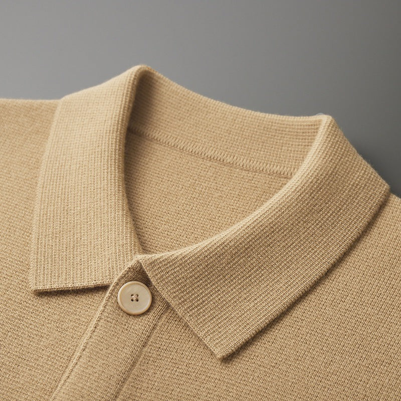 Men's Polo Collar Solid Color Wool Cardigan Sweater - ANIBEY