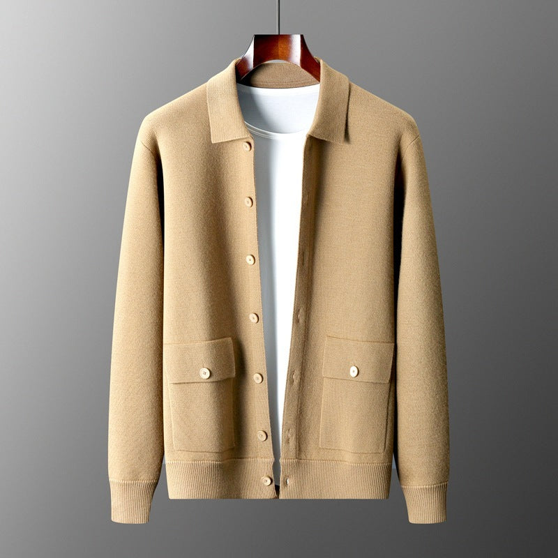 Men's Polo Collar Solid Color Wool Cardigan Sweater - ANIBEY