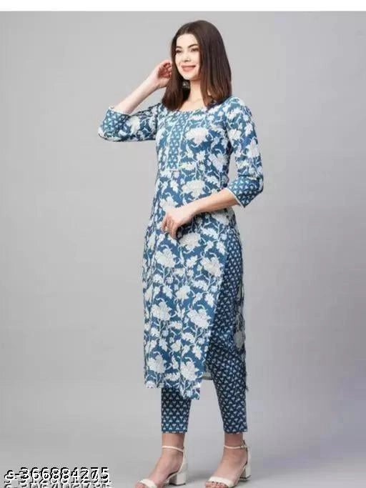 Cotton Printed Kurti with Pant for Women (Multicolor, S) - ANIBEY