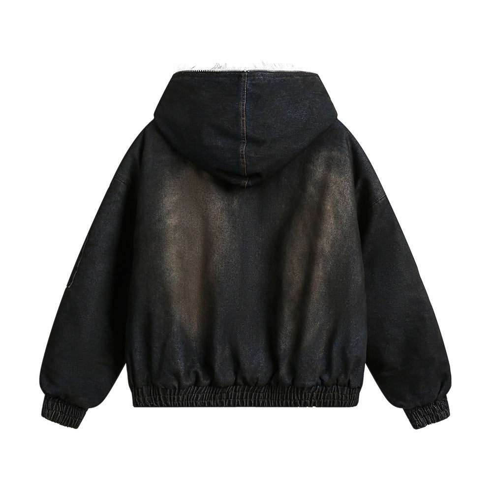 Distressed Dirty Denim Hooded Cotton Coat Jacket Winter Men - ANIBEY