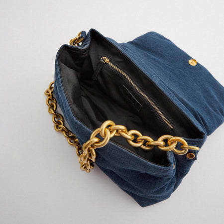 Blue oversized denim quilted shoulder messenger bag chain bag - ANIBEY