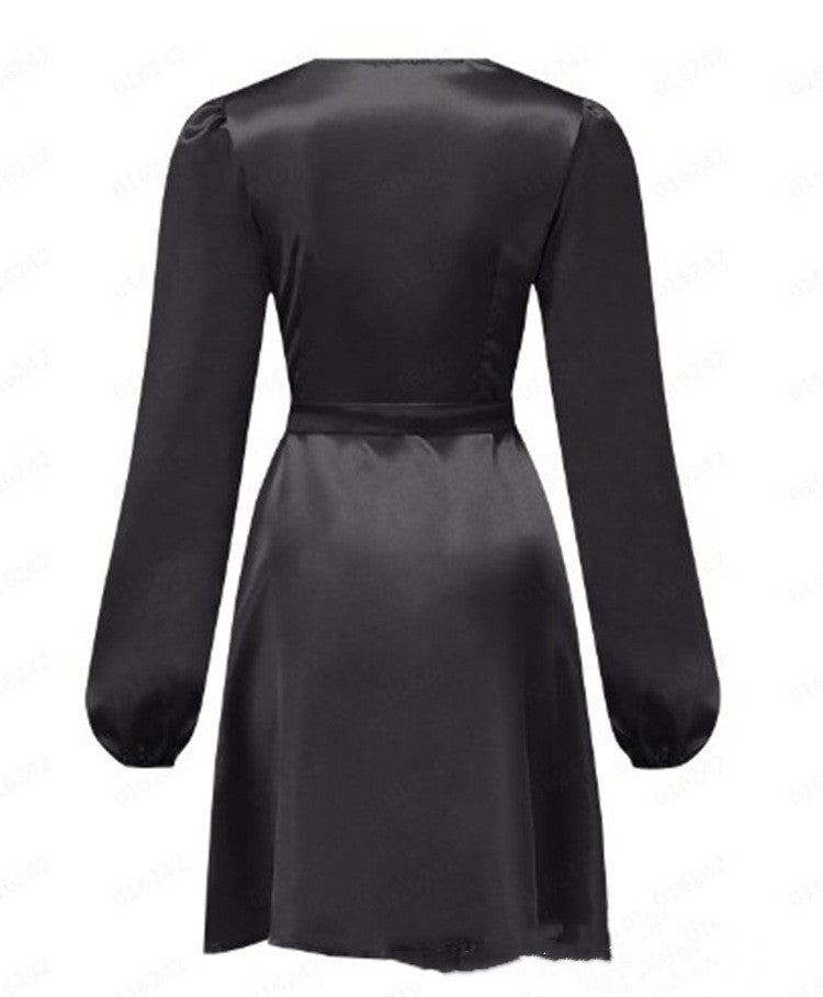 Commuter Solid Color High Waist Lantern Sleeve Long Dress - ANIBEY