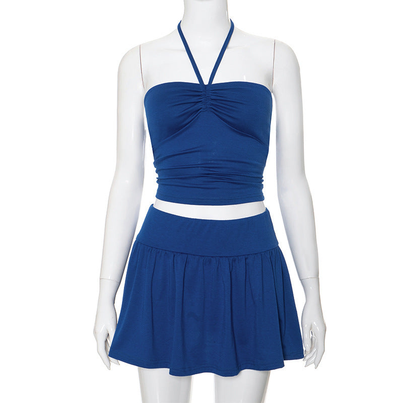 Women's Suits Summer Sleeveless Tube Top And Pleating Mid-length Dress Set