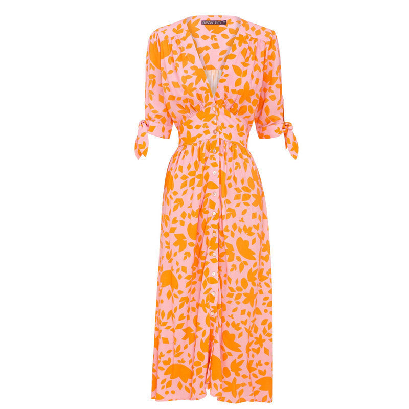 V-neck Five-point Sleeves Single-breasted Printed Dress - ANIBEY