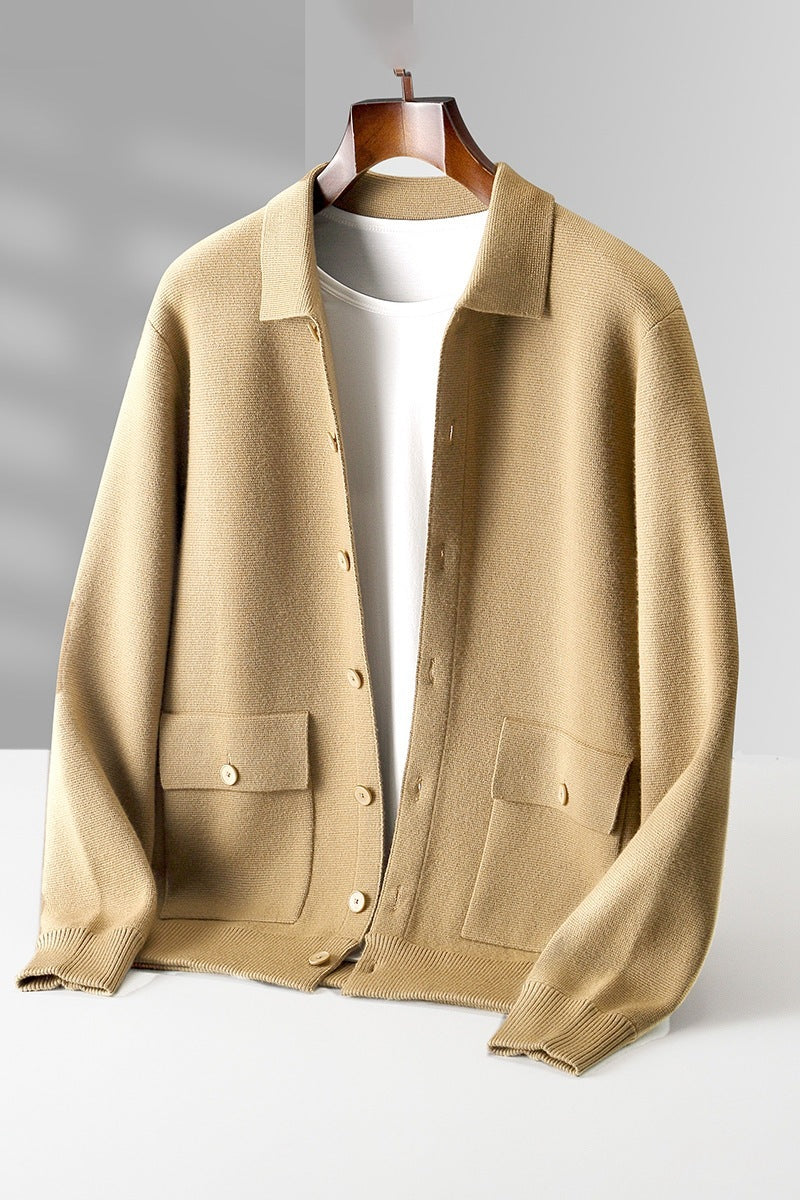 Men's Polo Collar Solid Color Wool Cardigan Sweater - ANIBEY