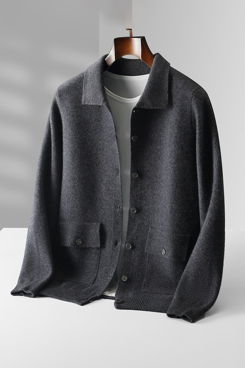 Men's Polo Collar Solid Color Wool Cardigan Sweater - ANIBEY