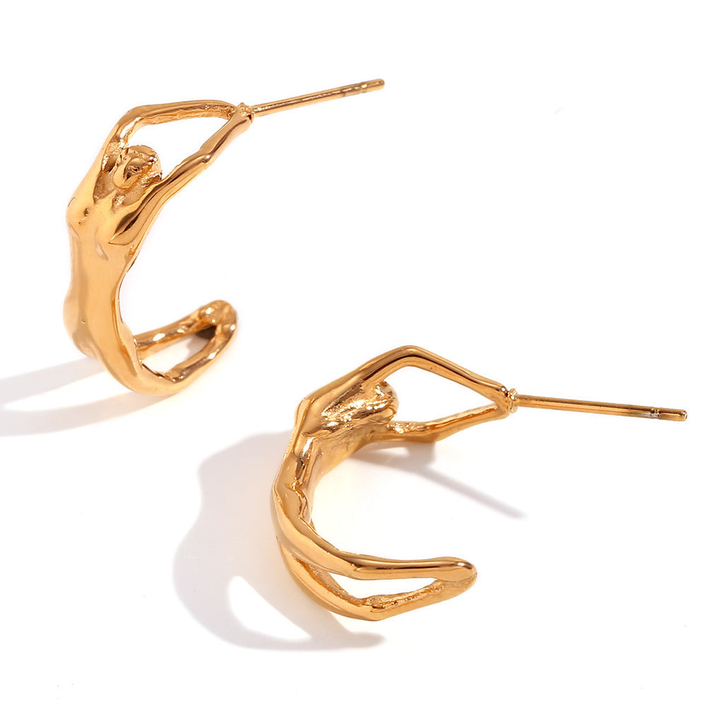 Cool Creative Titanium Stainless Steel 18K Gold Plated Niche Cast Humanoid Stud Earrings - ANIBEY