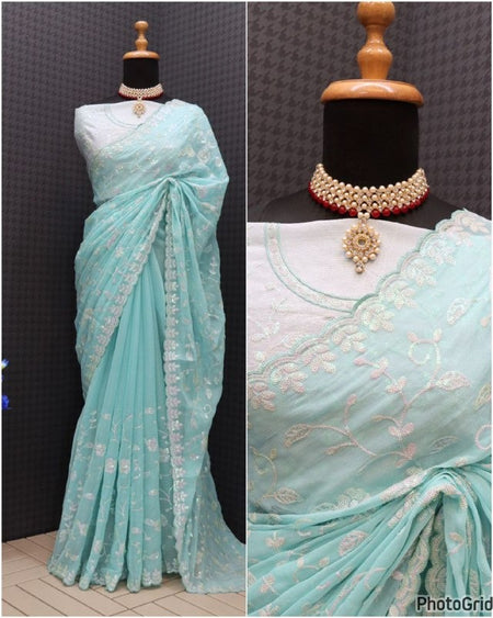 Women's Georgette Embellished Saree With Unstitched Blouse Piece - ANIBEY