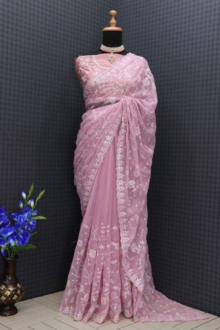 Women's Georgette Embellished Saree With Unstitched Blouse Piece - ANIBEY
