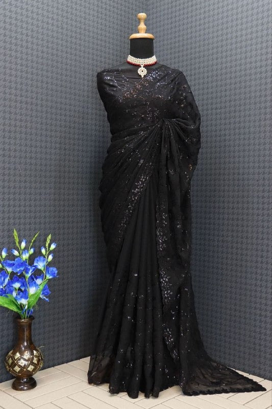 Women's Georgette Embellished Saree With Unstitched Blouse Piece - ANIBEY