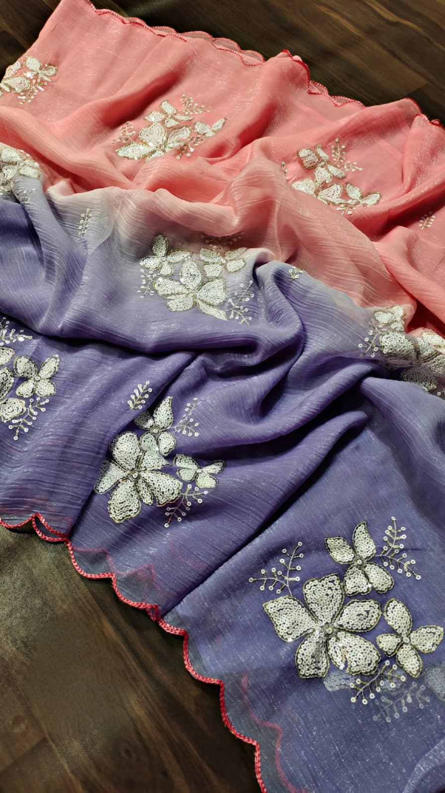 Women's Shimmer Chiffon Sequence Embroidery Saree With Unstitched Blouse Piece - ANIBEY