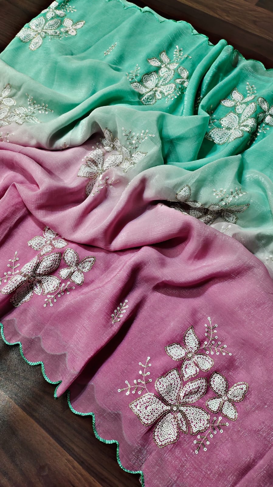 Women's Shimmer Chiffon Sequence Embroidery Saree With Unstitched Blouse Piece - ANIBEY