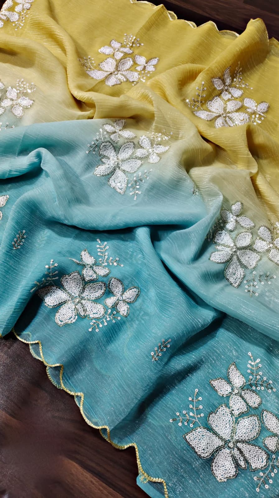 Women's Shimmer Chiffon Sequence Embroidery Saree With Unstitched Blouse Piece - ANIBEY