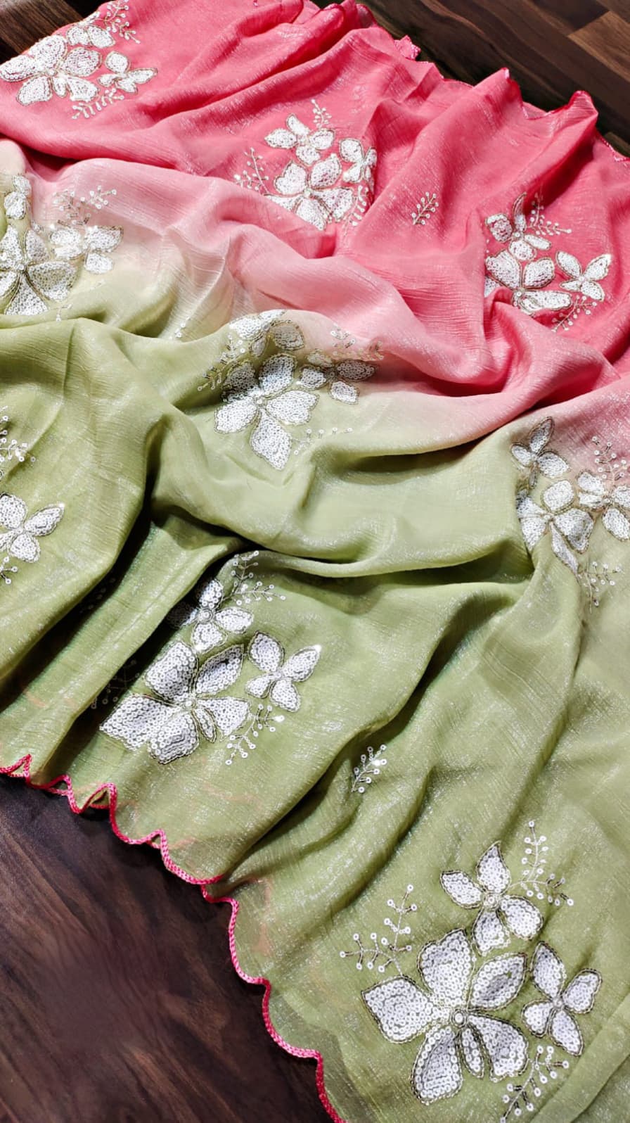 Women's Shimmer Chiffon Sequence Embroidery Saree With Unstitched Blouse Piece - ANIBEY