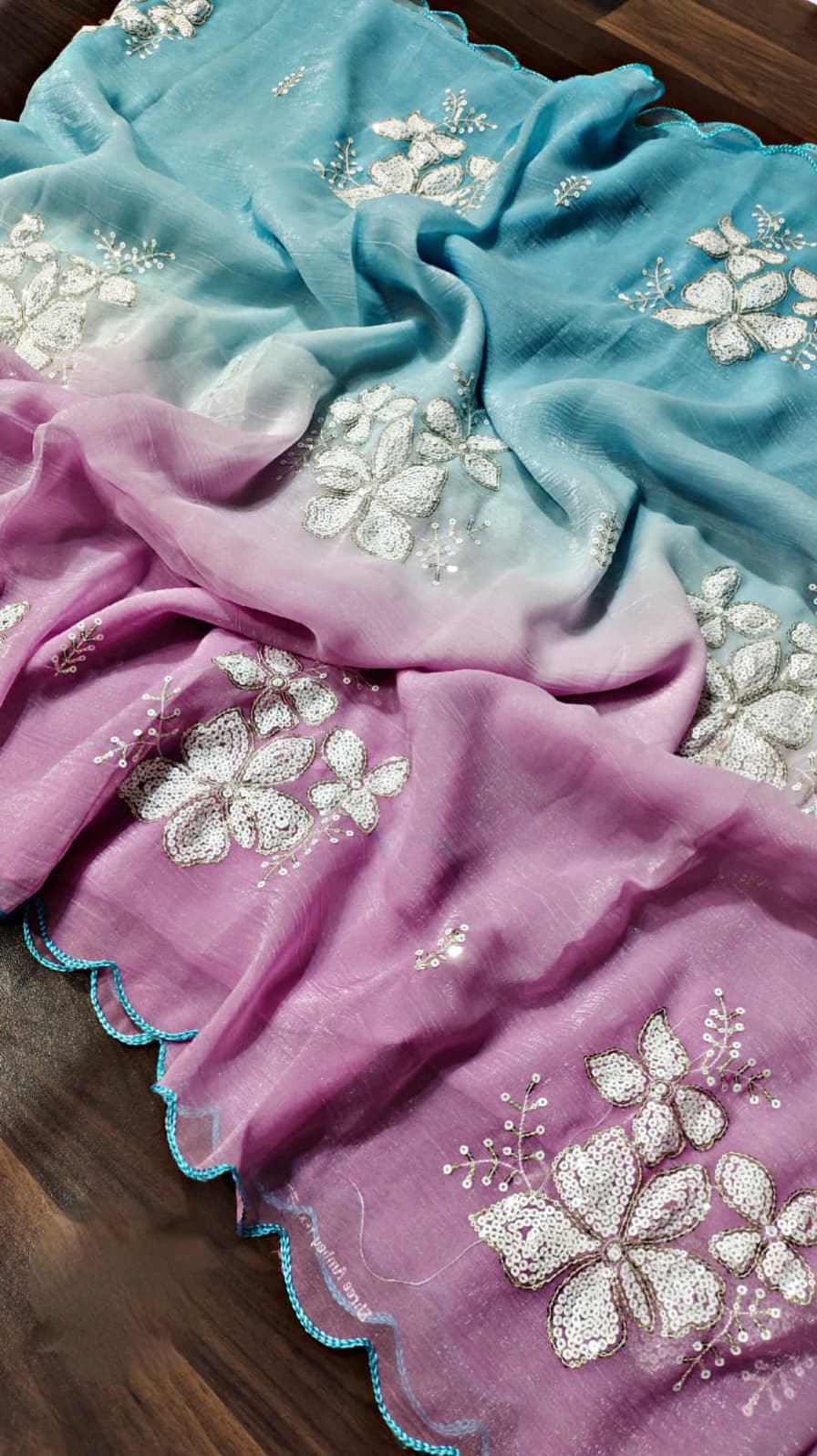 Women's Shimmer Chiffon Sequence Embroidery Saree With Unstitched Blouse Piece - ANIBEY