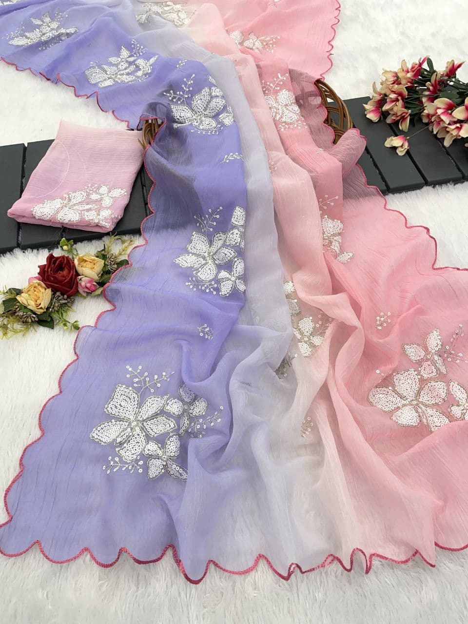Women's Shimmer Chiffon Sequence Embroidery Saree With Unstitched Blouse Piece - ANIBEY