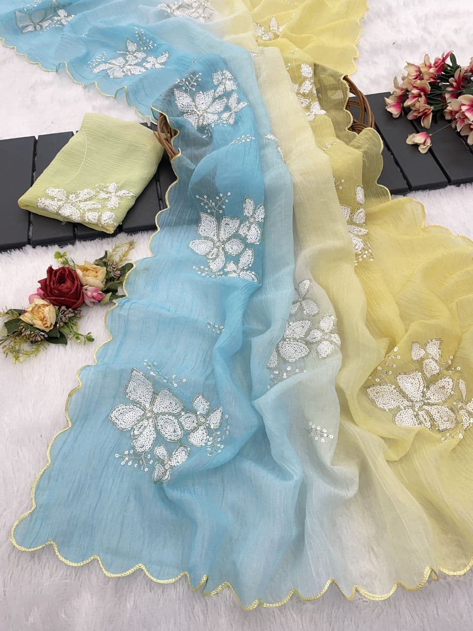 Women's Shimmer Chiffon Sequence Embroidery Saree With Unstitched Blouse Piece - ANIBEY