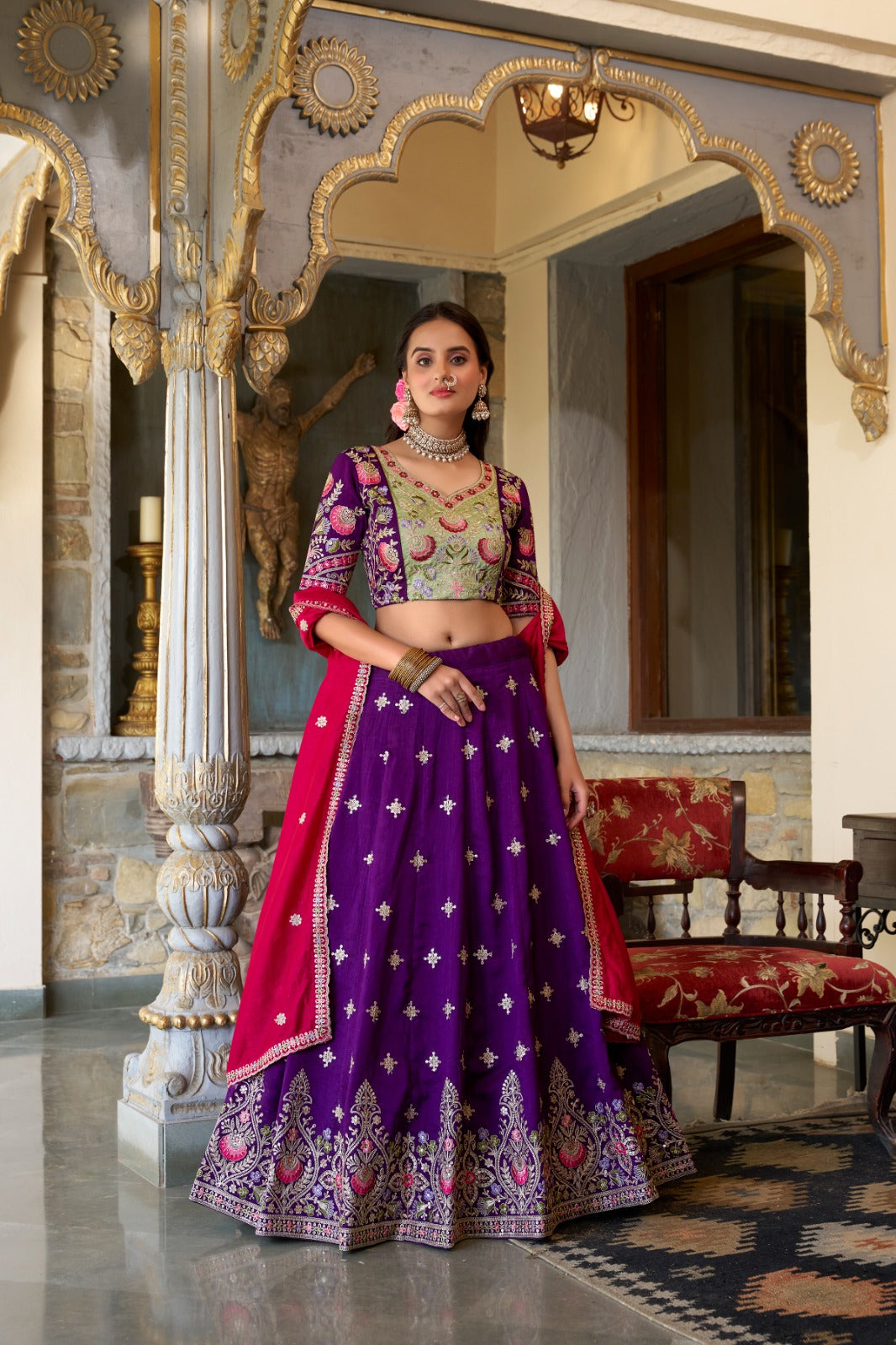 Purple traditional Elegance Sequence Thread Embroidery Work Lehenga - ANIBEY