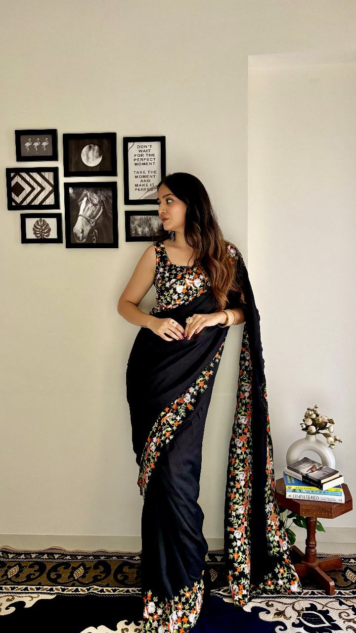 Women's Ethnic Designer Vichitra Silk Saree With Embroidery Blouse Piece - ANIBEY