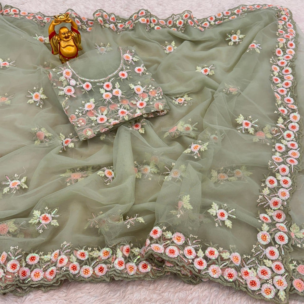 Premium Soft Net Saree Ready to Wear With Pearl and Sequin Embroidery All Over - ANIBEY