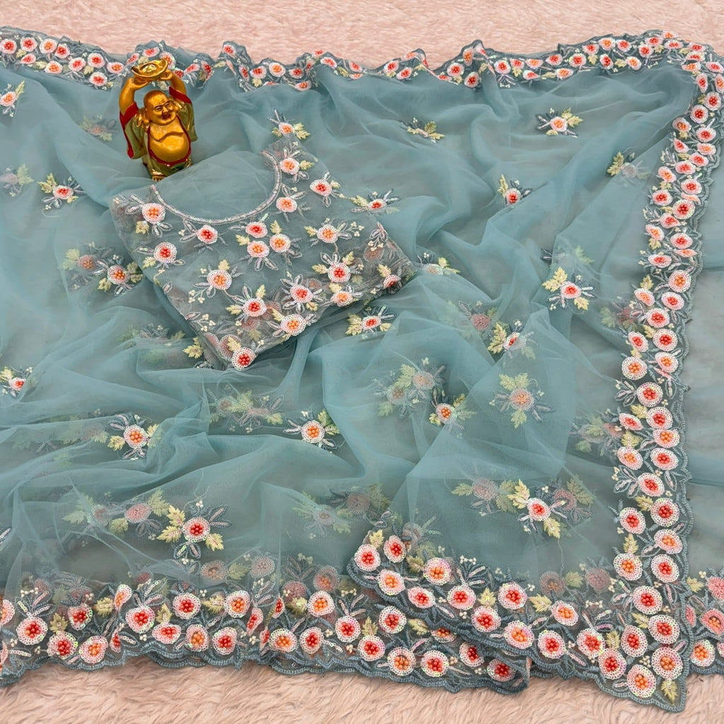 Premium Soft Net Saree Ready to Wear With Pearl and Sequin Embroidery All Over - ANIBEY