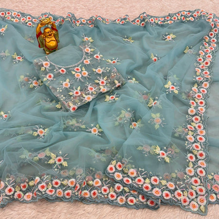 Premium Soft Net Saree Ready to Wear With Pearl and Sequin Embroidery All Over - ANIBEY