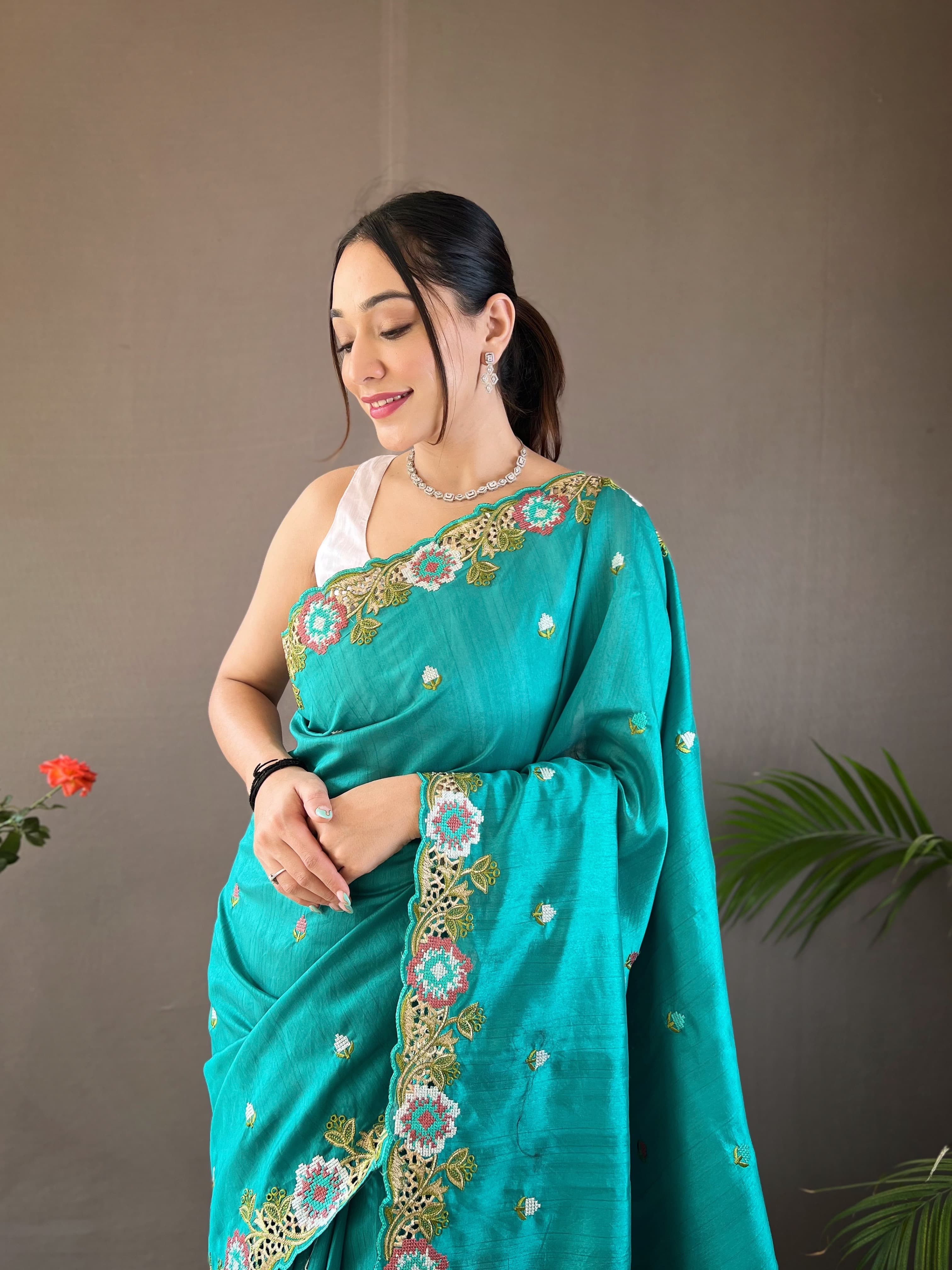 Sclout Women's Soft Silk Saree With Cut Boarder & Work Blouse Piece - ANIBEY