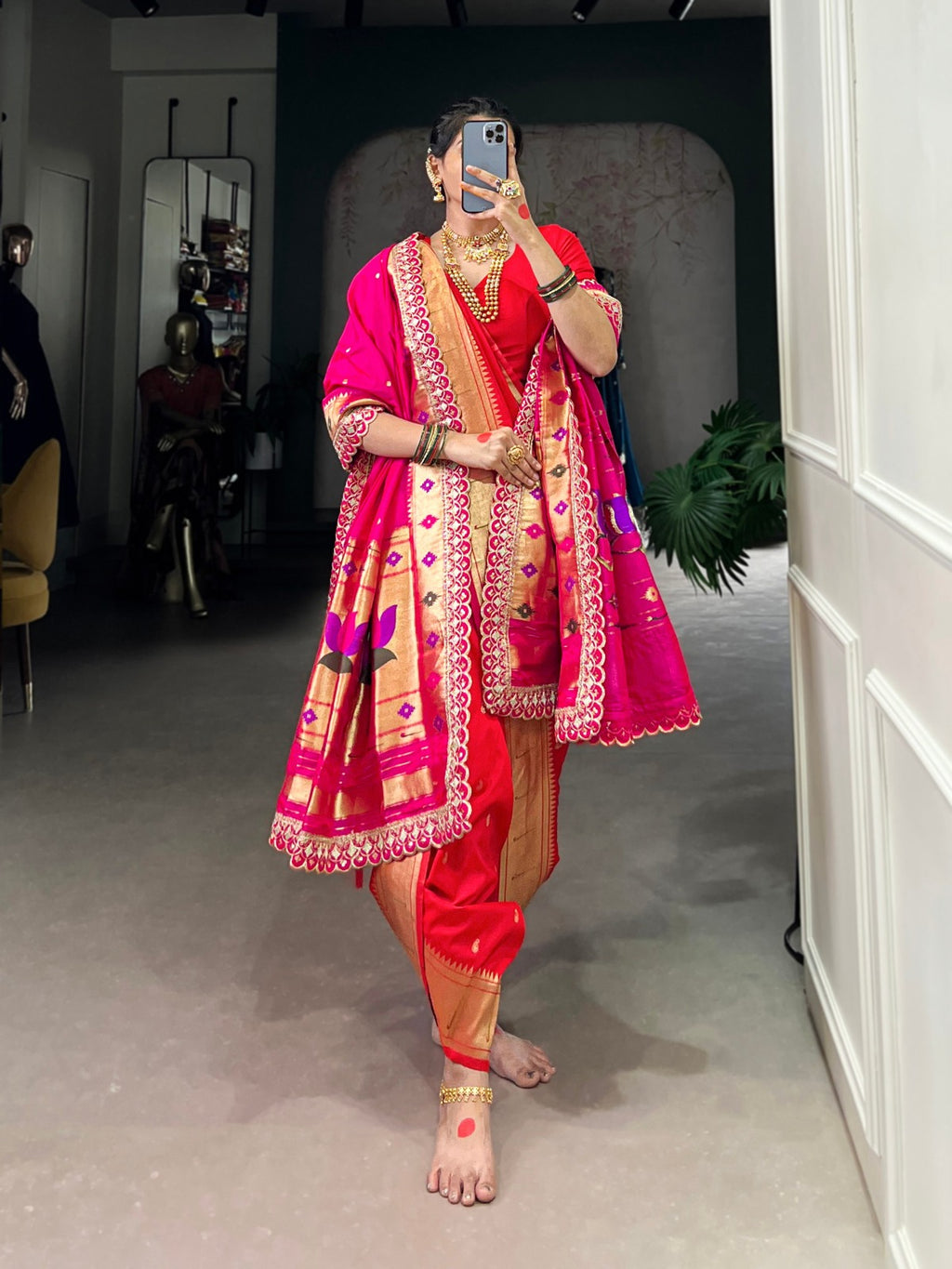 Pink Maharashtrian Bride Saree With Zari Weaving and Orange - ANIBEY