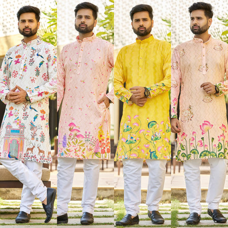 Blue Hills Paarv Rayon Embroidered Mens Kurta With - ANIBEY