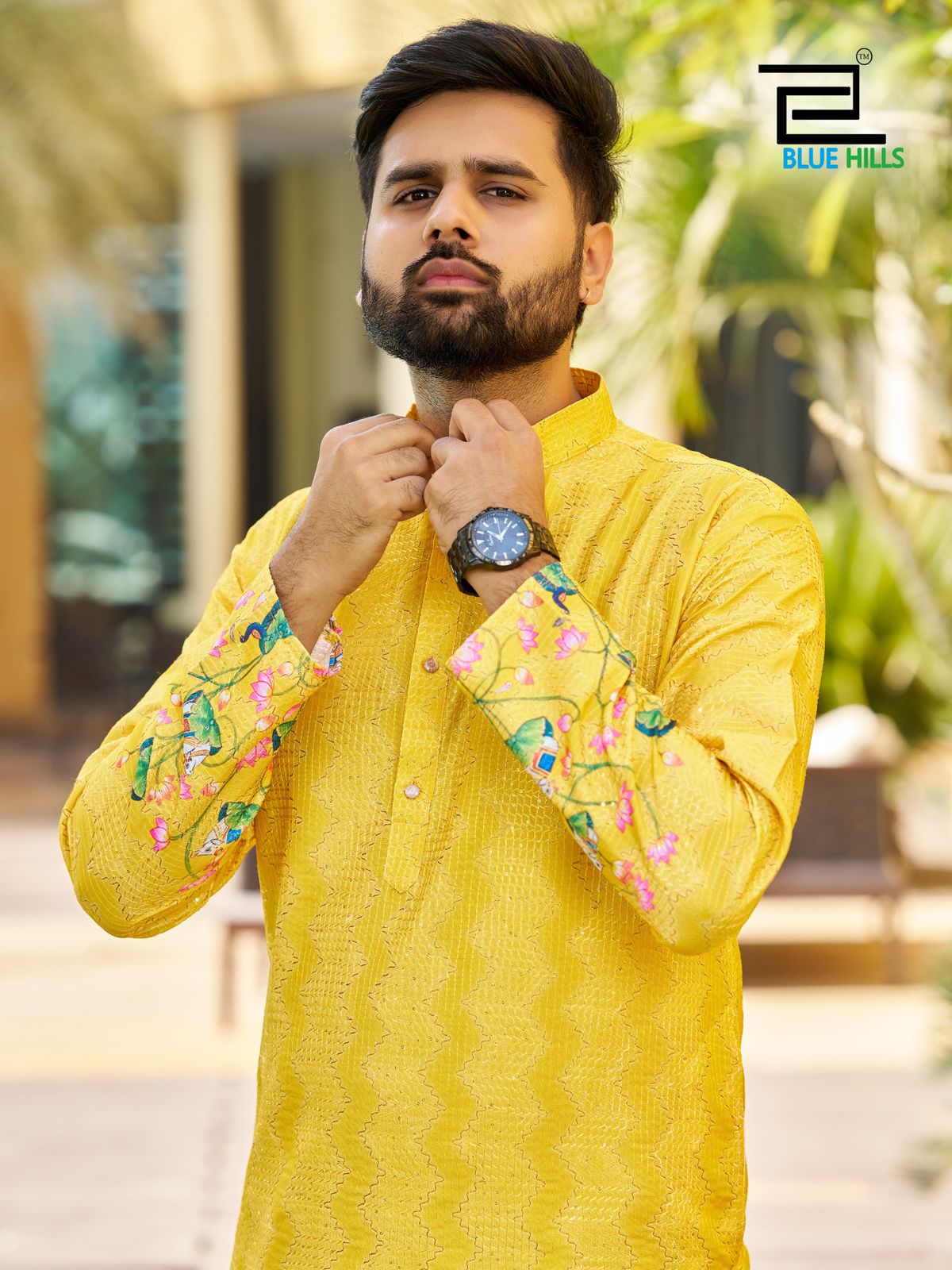 Blue Hills Paarv Rayon Embroidered Mens Kurta With - ANIBEY