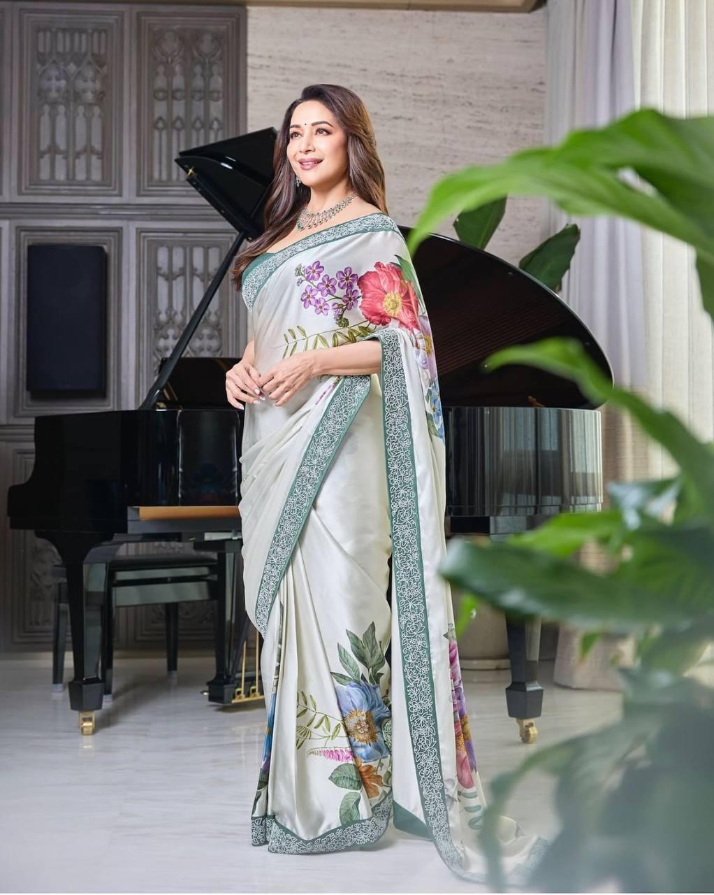 Madhuri Dixit Saree in Japan Satin With Digital Print and - ANIBEY