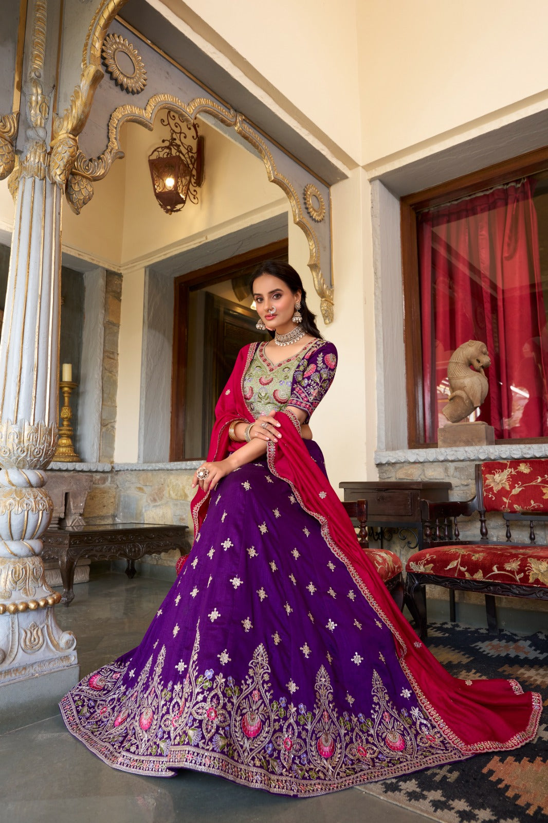 Purple traditional Elegance Sequence Thread Embroidery Work Lehenga - ANIBEY