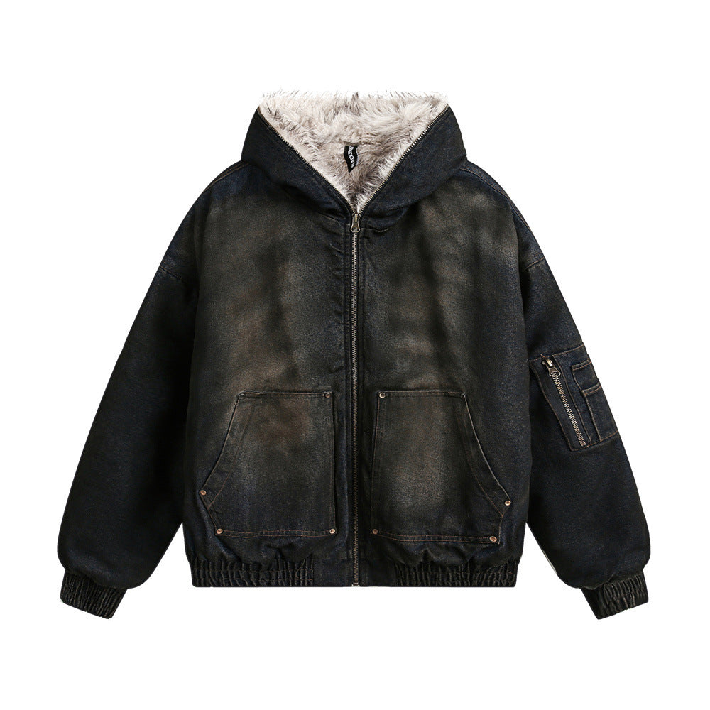Distressed Dirty Denim Hooded Cotton Coat Jacket Winter Men - ANIBEY