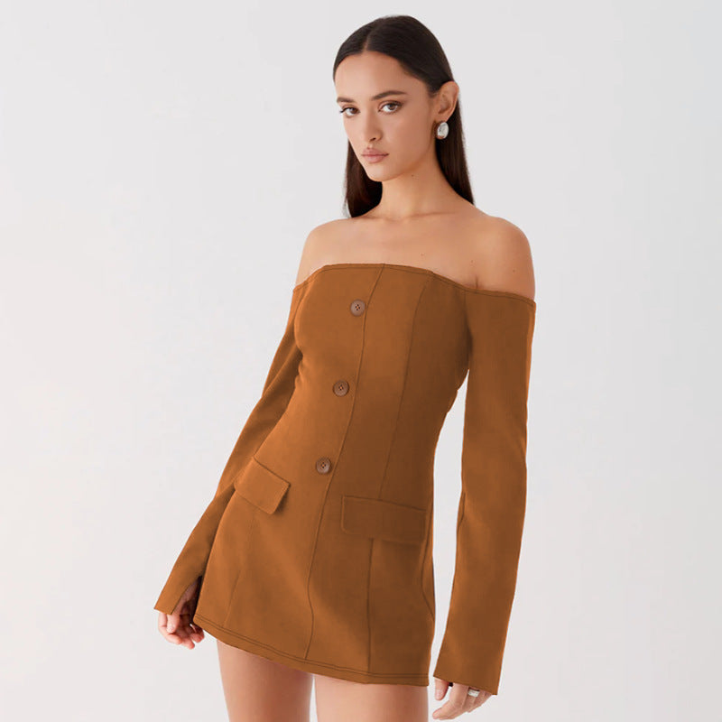 Fashionable Elegant Slim-fit Off-shoulder Bag Cover Long Sleeve Narrow Dress - ANIBEY