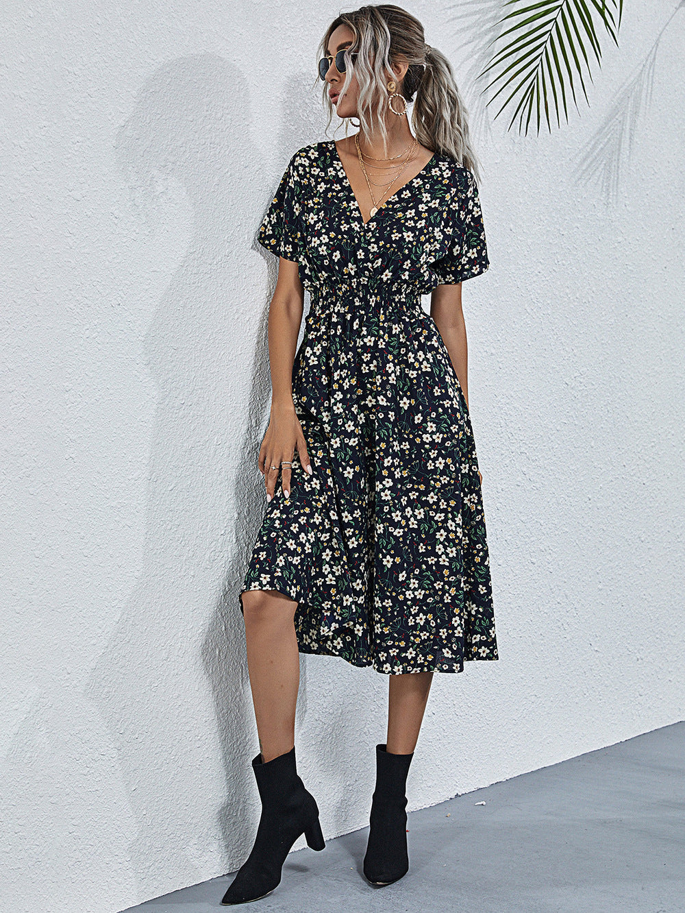 European And American Women's Printed Short-sleeved Fashion Floral Dress - ANIBEY