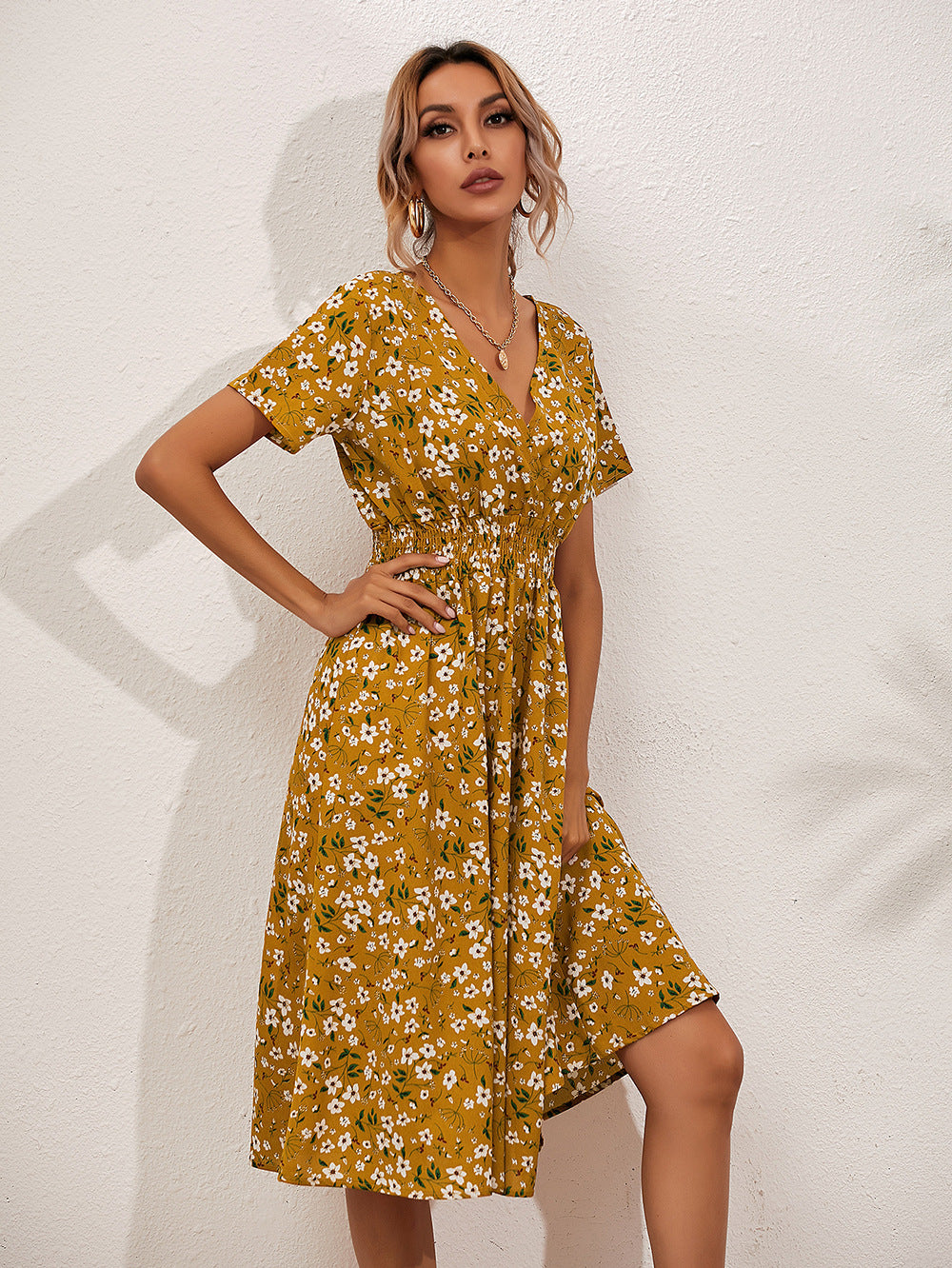 European And American Women's Printed Short-sleeved Fashion Floral Dress - ANIBEY