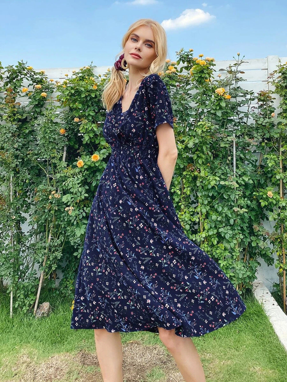 European And American Women's Printed Short-sleeved Fashion Floral Dress - ANIBEY