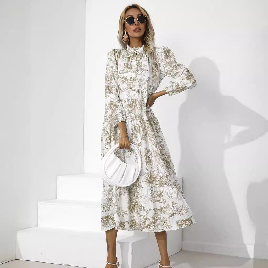 Round Neck Printed Loose Ninth-sleeve Dress - ANIBEY