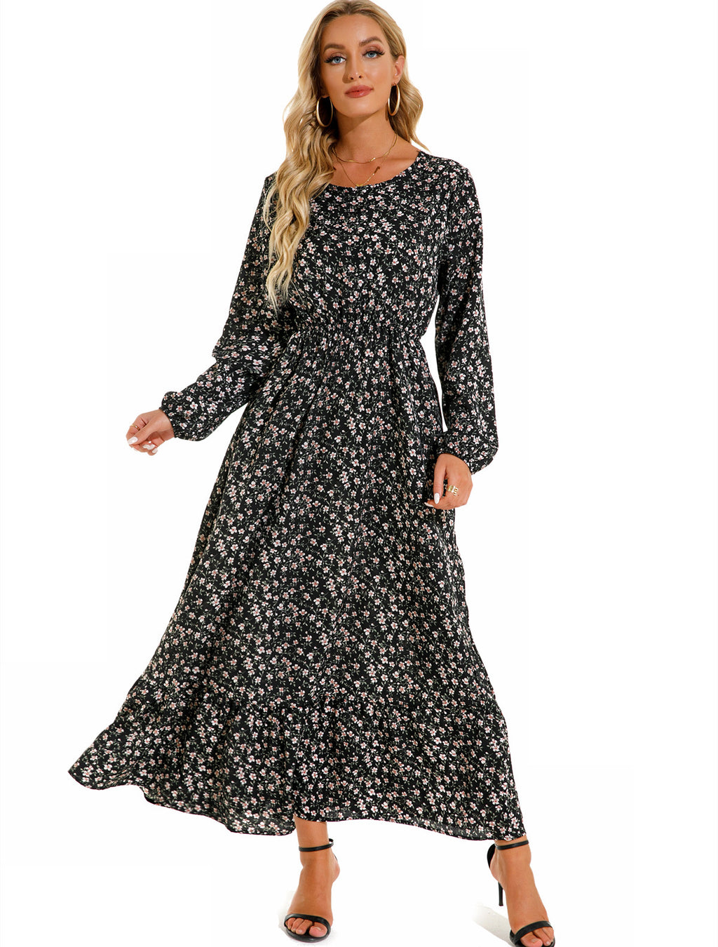 Women's Graceful And Fashionable Round Neck Floral Dress - ANIBEY